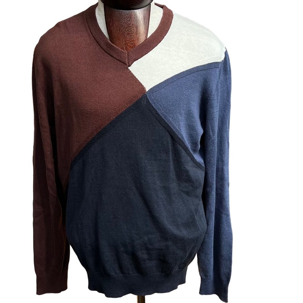 Perry Ellis Men's Colorblobk Sweater Pullover Blue Brown Size Large‎ NEW